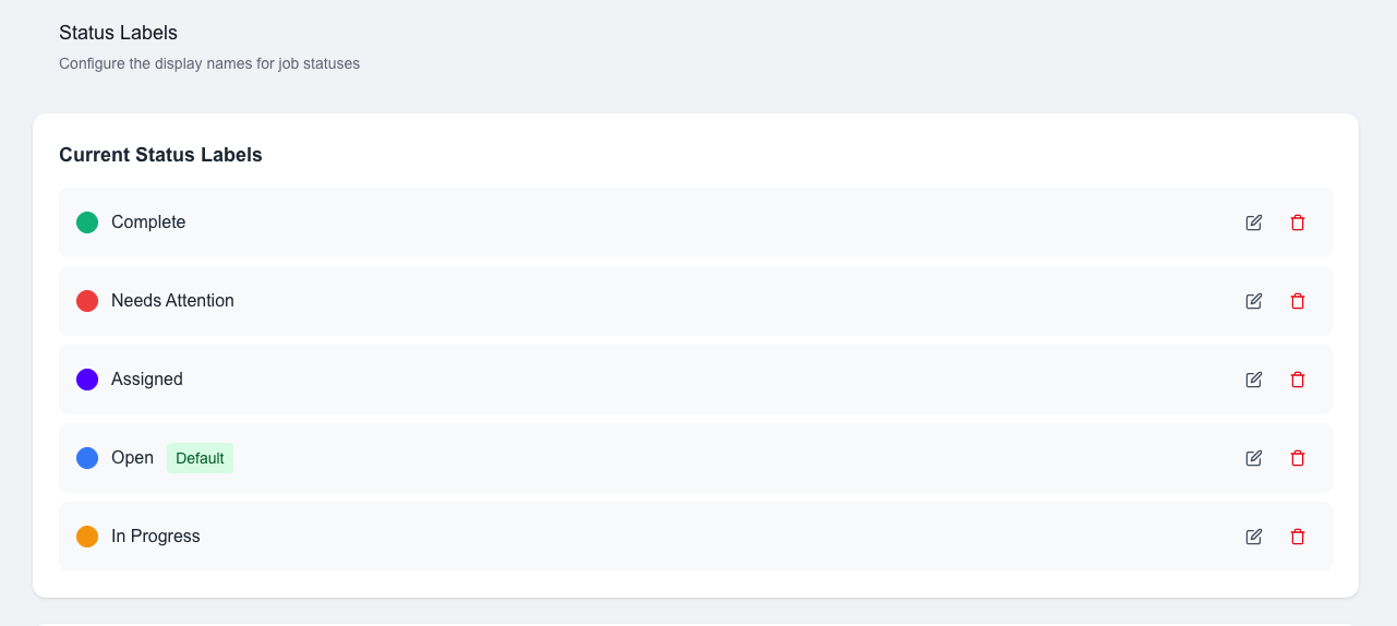 Example customizable status labels